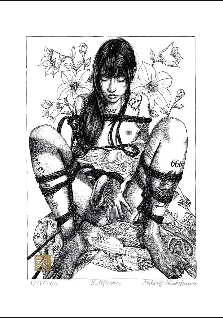 A woman tied with an M-shaped leg. A woman who is expanding her genitals. In front of floral background.